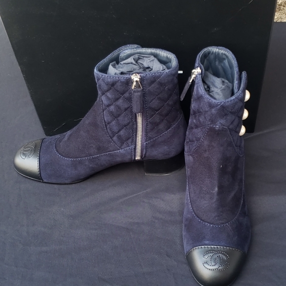 chanel blue suede boots